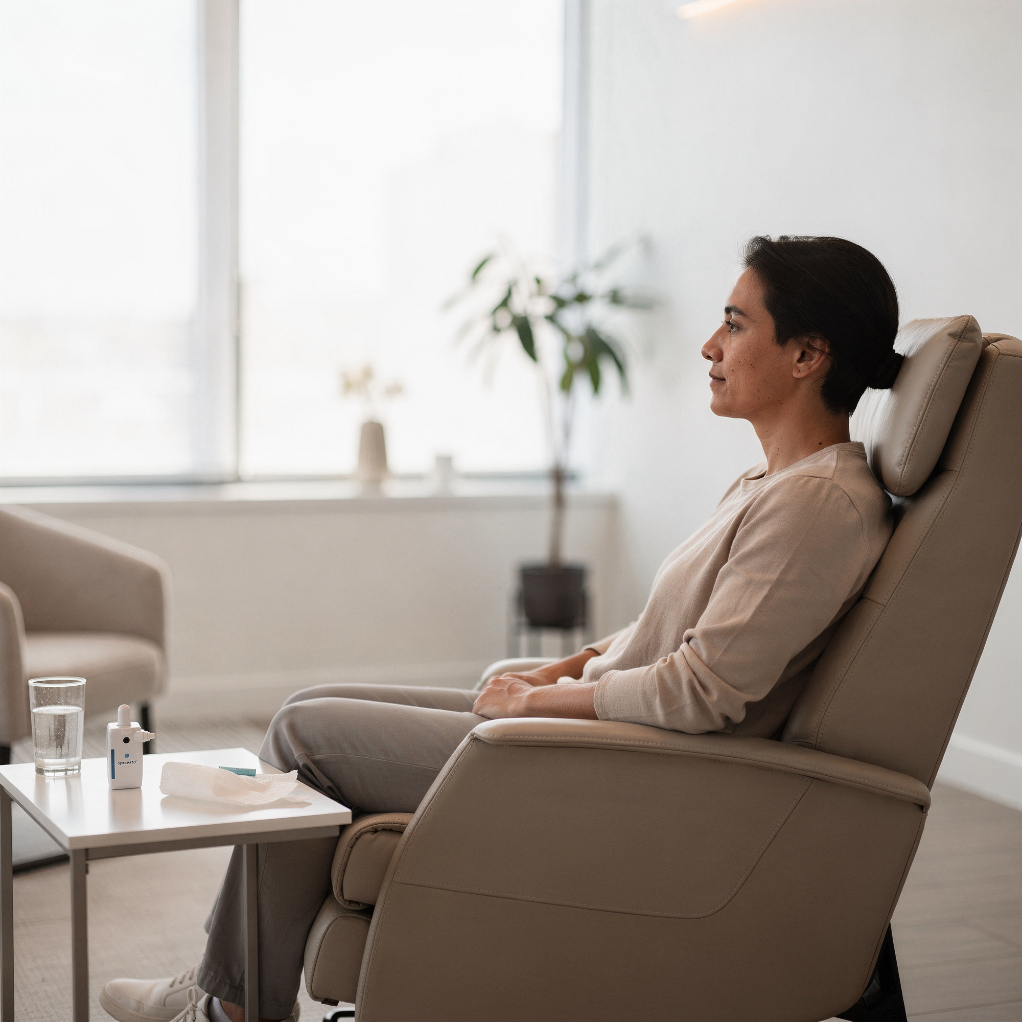 Patient relaxing in a comfortable reclined chair during Spravato treatment at Neowellnez